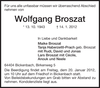 Traueranzeige von Wolfgang Broszat von Echo-Zeitungen (Gesamtausgabe)
