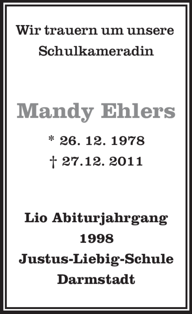  Traueranzeige für Mandy Ehlers vom 21.01.2012 aus Echo-Zeitungen (Gesamtausgabe)