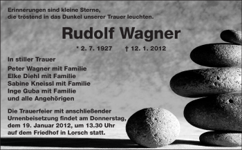 Traueranzeige von Rudolf Wagner von Starkenburger Echo, Bergsträßer Anzeiger