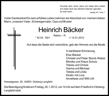 Traueranzeige von Heinrich Bäcker von Echo-Zeitungen (Gesamtausgabe)