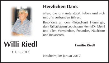 Traueranzeige von Willi Riedl von Rüsselsheimer Echo, Groß-Gerauer-Echo, Ried Echo