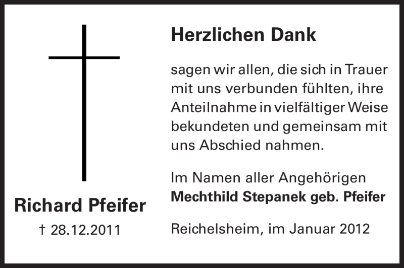  Traueranzeige für Richard Pfeifer vom 21.01.2012 aus Odenwälder Echo