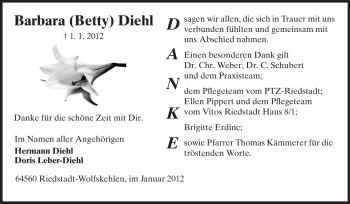 Traueranzeige von Barbara Diehl von Rüsselsheimer Echo, Groß-Gerauer-Echo, Ried Echo