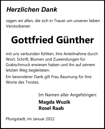 Traueranzeige von Gottfried Günther von Echo-Zeitungen (Gesamtausgabe)