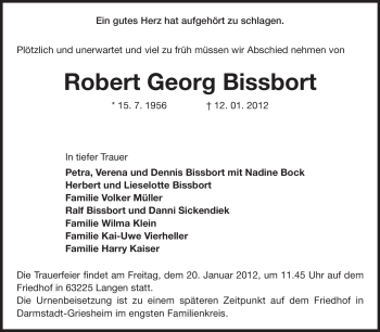 Traueranzeige von Robert Georg Bissbort von Echo-Zeitungen (Gesamtausgabe)
