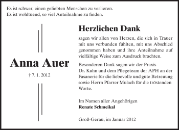Traueranzeige von Anna Auer von Rüsselsheimer Echo, Groß-Gerauer-Echo, Ried Echo