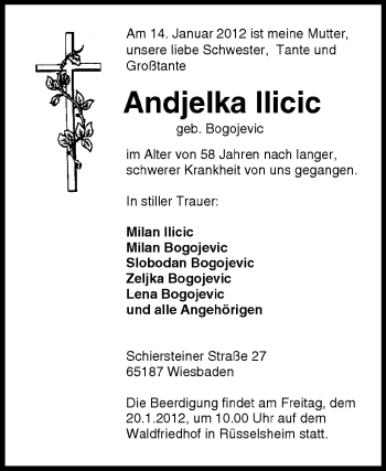 Traueranzeige von Andjelka Ilicic von Rüsselsheimer Echo, Groß-Gerauer-Echo, Ried Echo