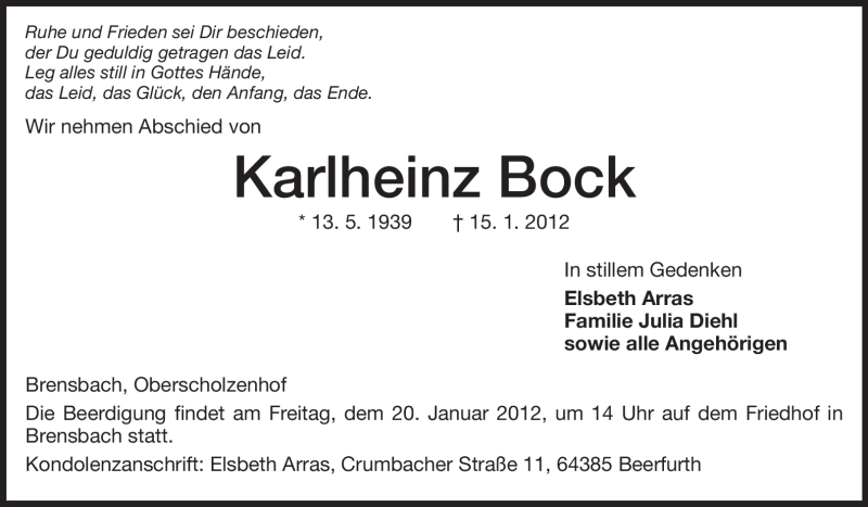  Traueranzeige für Karlheinz Bock vom 18.01.2012 aus Odenwälder Echo