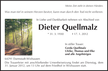 Traueranzeige von Dieter Quellmalz von Echo-Zeitungen (Gesamtausgabe)