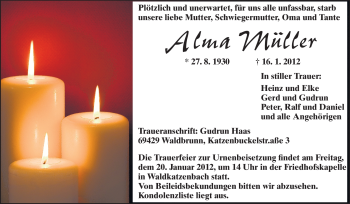 Traueranzeige von Alma Müller von Odenwälder Echo
