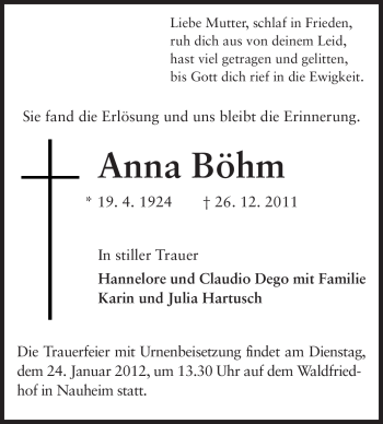 Traueranzeige von Anna Böhm von Rüsselsheimer Echo, Groß-Gerauer-Echo, Ried Echo