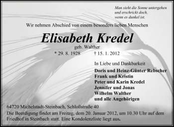 Traueranzeige von Elisabeth Kredel von Odenwälder Echo