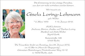 Traueranzeige von Gisela Loring-Lehmann von Darmstädter Echo, Odenwälder Echo, Rüsselsheimer Echo, Groß-Gerauer-Echo, Ried Echo