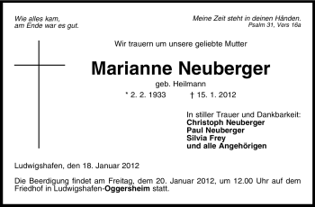 Traueranzeige von Marianne Neuberger von Odenwälder Echo