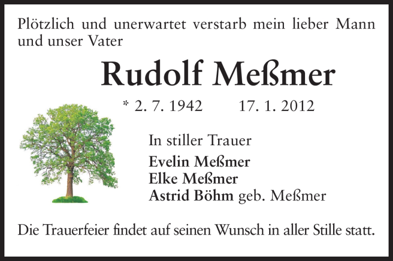  Traueranzeige für Rudolf Meßmer vom 21.01.2012 aus Darmstädter Echo, Odenwälder Echo, Rüsselsheimer Echo, Groß-Gerauer-Echo, Ried Echo