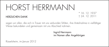 Traueranzeige von Horst Herrmann von Rüsselsheimer Echo, Groß-Gerauer-Echo, Ried Echo
