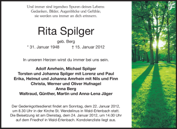 Traueranzeige von Rita Spilger von Starkenburger Echo, Bergsträßer Anzeiger