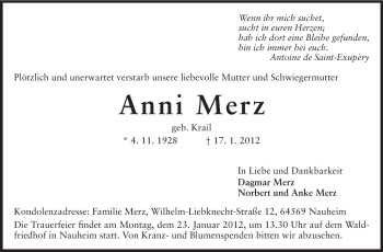 Traueranzeige von Anni Merz von Rüsselsheimer Echo, Groß-Gerauer-Echo, Ried Echo