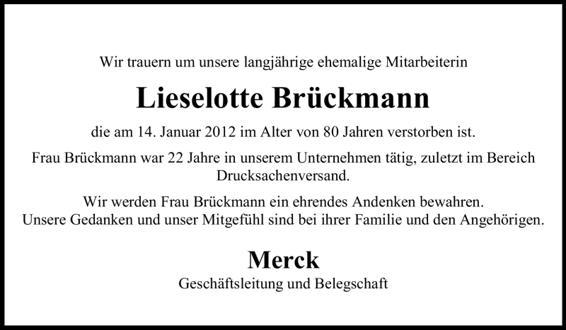  Traueranzeige für Lieselotte Brückmann vom 21.01.2012 aus Echo-Zeitungen (Gesamtausgabe)