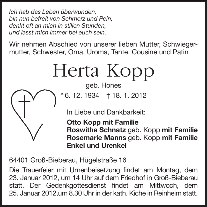  Traueranzeige für Herta Kopp vom 20.01.2012 aus Echo-Zeitungen (Gesamtausgabe)