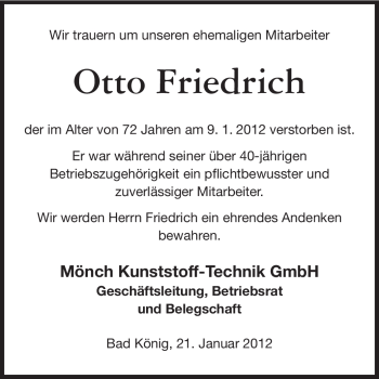 Traueranzeige von Otto Friedrich von Odenwälder Echo