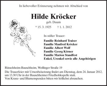 Traueranzeige von Hilde Kröcker von Rüsselsheimer Echo, Groß-Gerauer-Echo, Ried Echo