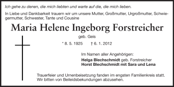 Traueranzeige von Maria Helene Ingeborg Forstreicher von Echo-Zeitungen (Gesamtausgabe)