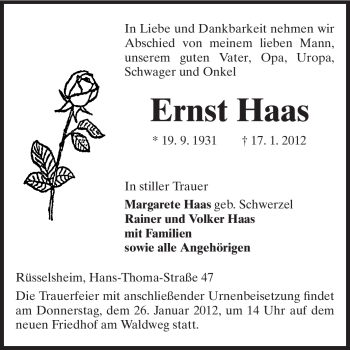 Traueranzeige von Ernst Haas von Rüsselsheimer Echo, Groß-Gerauer-Echo, Ried Echo