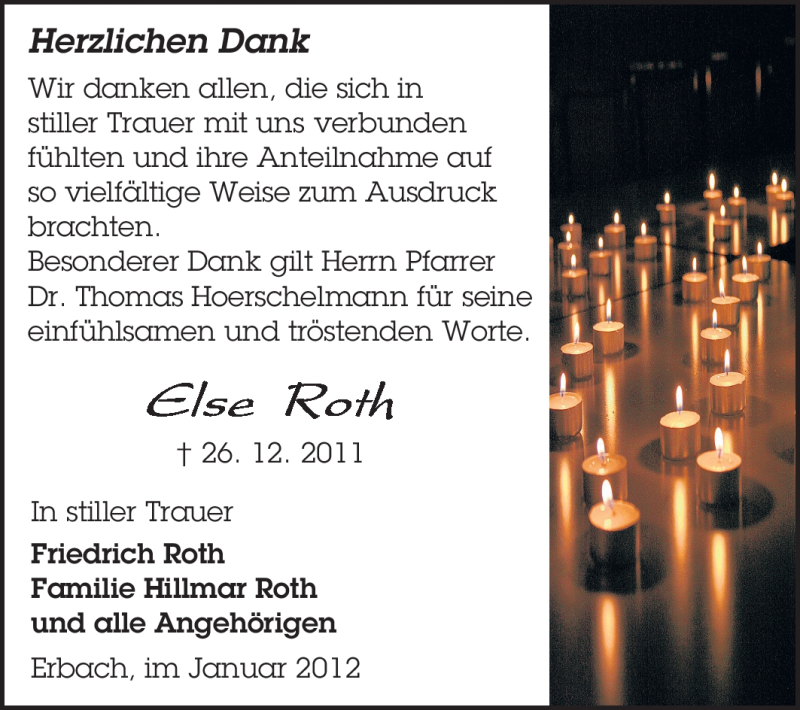  Traueranzeige für Else Roth vom 20.01.2012 aus Rüsselsheimer Echo, Groß-Gerauer-Echo, Ried Echo