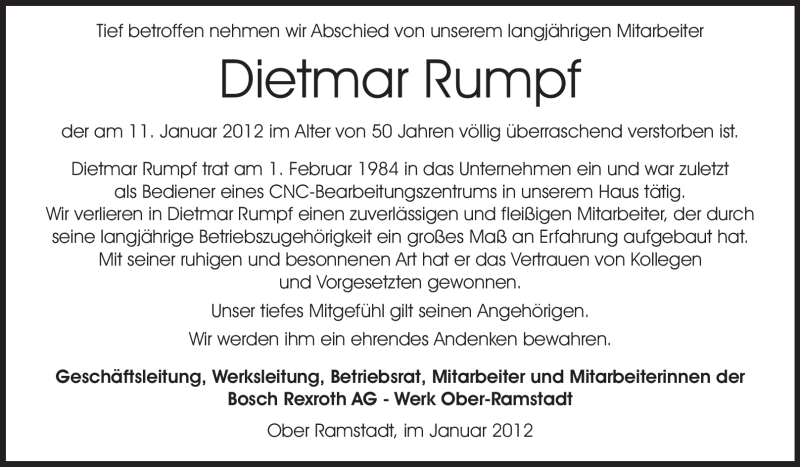  Traueranzeige für Dietmar Rumpf vom 20.01.2012 aus Echo-Zeitungen (Gesamtausgabe)