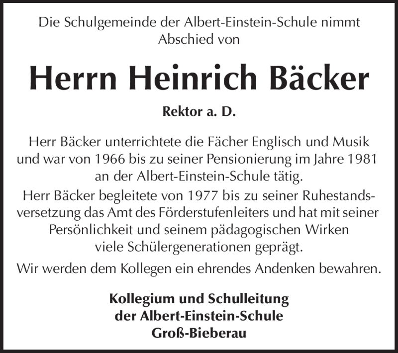  Traueranzeige für Heinrich Becker vom 20.01.2012 aus Echo-Zeitungen (Gesamtausgabe)