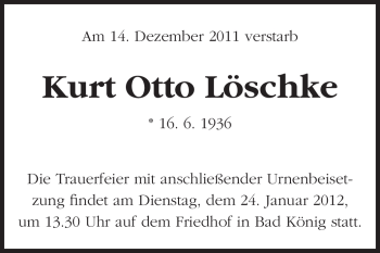 Traueranzeige von Kurt Otto Löschke von Odenwälder Echo