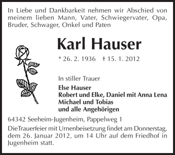 Traueranzeige von Karl Hauser von Echo-Zeitungen (Gesamtausgabe)