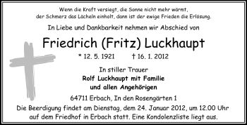 Traueranzeige von Friedrich Luckhaupt von Odenwälder Echo