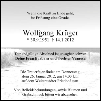 Traueranzeige von Wolfgang Krüger von Echo-Zeitungen (Gesamtausgabe)