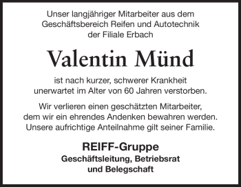 Traueranzeige von Valentin Münd von Odenwälder Echo