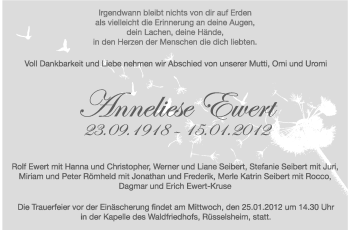 Traueranzeige von Anneliese Ewert von Rüsselsheimer Echo, Groß-Gerauer-Echo, Ried Echo