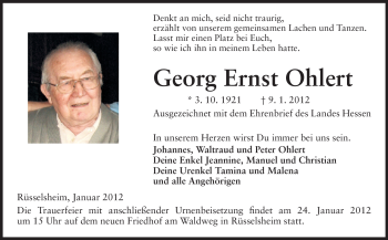 Traueranzeige von Georg Ernst Ohlert von Rüsselsheimer Echo, Groß-Gerauer-Echo, Ried Echo