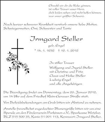 Traueranzeige von Irmgard Steller von Rüsselsheimer Echo, Groß-Gerauer-Echo, Ried Echo
