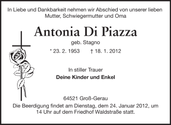 Traueranzeige von Antonia Di Piazza von Rüsselsheimer Echo, Groß-Gerauer-Echo, Ried Echo