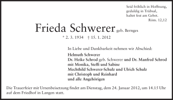 Traueranzeige von Frieda Schwerer von Echo-Zeitungen (Gesamtausgabe)