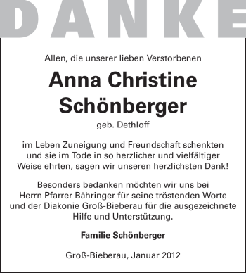Traueranzeige von Anna Christine Schönberger von Echo-Zeitungen (Gesamtausgabe)