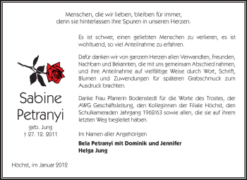 Traueranzeige von Sabine Petranyi von Odenwälder Echo