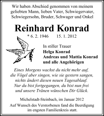 Traueranzeige von Reinhard Konrad von Odenwälder Echo