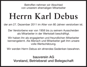 Traueranzeige von Karl Debus  von Echo-Zeitungen (Gesamtausgabe)