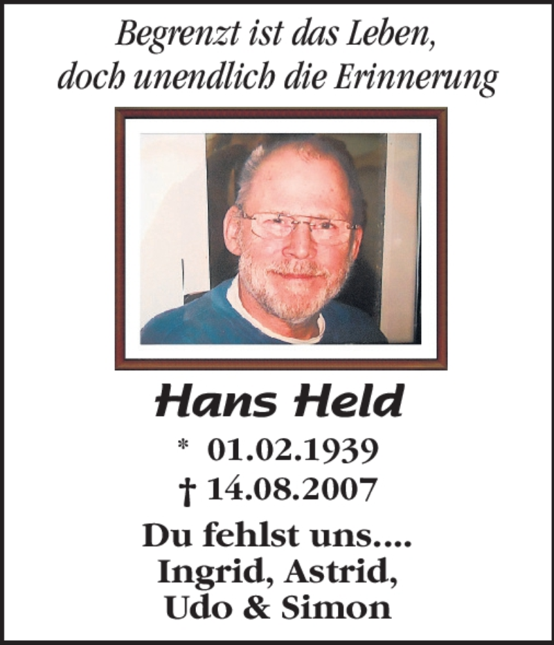  Traueranzeige für Hans Held vom 01.02.2012 aus Starkenburger Echo