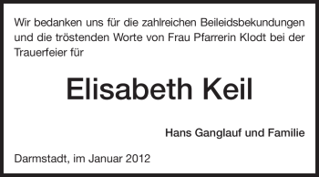 Traueranzeige von Elisabeth Keil von Darmstädter Echo, Odenwälder Echo, Rüsselsheimer Echo, Groß-Gerauer-Echo, Ried Echo