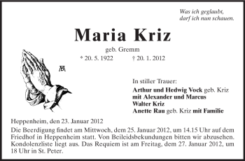 Traueranzeige von Maria Kriz von Starkenburger Echo