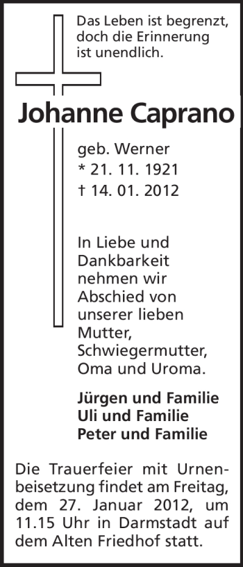 Traueranzeige von Johanne Caprano von Darmstädter Echo, Odenwälder Echo, Rüsselsheimer Echo, Groß-Gerauer-Echo, Ried Echo
