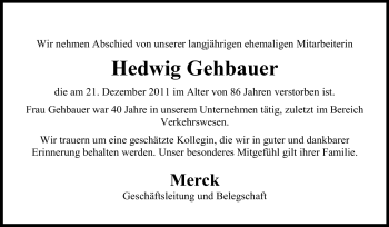 Traueranzeige von Hedwig Gehbauer von Echo-Zeitungen (Gesamtausgabe)